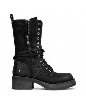 Step into rugged style with the Windsor Smith Gather boots — a bold mid-calf combat design reimagined in rich black suede. These vintage-inspired boots feature a synthetic/leather suede upper with contrast stitching, a sturdy platform sole, and a wrap-around lace-up front. Easy-entry double side zippers with WS bull pullers make getting them on and off a breeze, while the oil-finished upper and bull logo on the heel and back add signature flair. Finished with a 50 mm heel and 25 mm platform forepart for all-day edge and elevation.

Upper: Synthetic/Leather Suede
Lining: Non-Leather
Sole: Non-Leather
Height: Mid-Calf
Closure: Wrap-around lace-up + dual side zips with bull logo pullers
Toe: Round
Heel Height: 50 mm
Platform Height: 25 mm
Design: Vintage-style combat boots with contrast stitching and oil finish