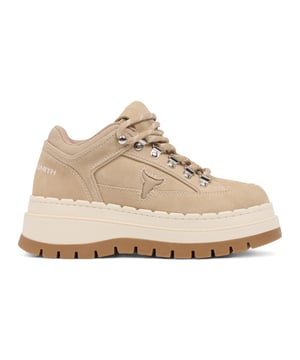 Meet the Windsor Smith Ultimatum - Women’s platform sneakers redefined with a rugged twist. Crafted with a soft sand suede upper and contrast stitching, these chunky sneakers feature a two-tone TPR platform sole that combines street style with hiking influence. Metal hook-and-eye details and bull-logo silver D-rings elevate the design, while the twin-colored laces, padded tongue, and collar offer added comfort. With a 63 mm heel and a 46 mm forepart platform, these cross-hiker sneakers deliver elevated style without compromising stability.

Upper: Sand Suede
Lining: Sports Fabric
Sole: Two-tone Chunky TPR
Closure: Twin-colored lace with metal hook & eye + D-rings
Heel Height: 63 mm
Platform Forepart Height: 46 mm
Design: Cross between hiker boot and sneaker
Details: Padded tongue and collar, contrast stitching, molded footbed