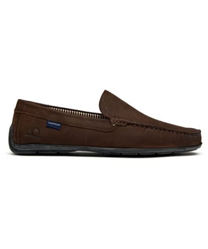 Mens brown Chatham Marine hatch shoes, manufactured with nubuck and a rubber sole. Featuring: chatham branding, fully lined, driving moc sole and stitched upper.