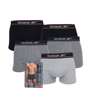 Mens Reebok 5 Pack of Sports Trunks in black.- Elasticated branding waistband.- Constructed from a soft cotton-stretch blend.- Moisture Wicking.- 57% Cotton  38% Polyester  5% Elastane.- Waist:S = 30-32inM = 33-35inL = 36-38inXL = 39-41in- Ref: U5F8525RBK5PKA