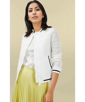 Add some sporty styling to your look with this airtex bomber jacket, featuring a navy contrast stripe rib. Style with your jeans for a classic look or your favourite skirt and some crisp white trainers for a more feminine look.
Airtex Mesh Scuba 
 
100% Polyester
 
Classic Collar
 
Reg 23" / Tall 25" Shoulder to Hem
 
Sizing: As expected 
 
Fit: Classic.