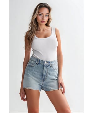 In a pale blue shade, these high-waisted denim shorts are finished with a frayed hemline for an added touch of style.

Inner leg from waist 14".