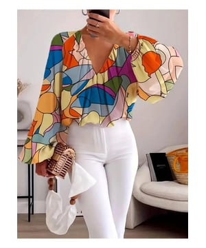 Basic style Printed V
  Neck Long Sleeve Blouse
  No stretch
  Material composition: 95% polyester 5% spandex
  Care instructions: Machine wash cold tumble dry low
  Imported
  Product Measurements (inches) & Size Conversion:
  Size S (US 4): Top Length 22.4 Bust 38.6
  Size M (US 6/8): Top Length 22.8 Bust 40.6
  Size L (US 10/12): Top Length 23.2 Bust 42.5
  Size XL (US 14/16): Top Length 23.6 Bust 44.1
  Size 2XL (US 18): Top Length 23.6 Bust 47.2