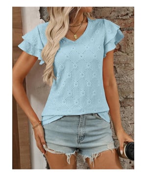 Eyelet V
  Neck Ruffled Cap Sleeve Top
  Decorative Button
  Eyelet detailing
  Lace accents
  No stretch
  Material composition: 65% polyester 30% viscose 5% elastane
  Care instructions: Machine wash cold tumble dry low
  Imported
  Product Measurements (in inches):
  Size S: Top Length 25.2 Bust 36.6 Sleeve Length 5.7
  Size M: Top Length 25.6 Bust 38.6 Sleeve Length 5.9
  Size L: Top Length 26 Bust 40.6 Sleeve Length 6.1
  Size XL: Top Length 26.4 Bust 43.7 Sleeve Length 6.3
  Size 2XL: Top Length 26.8 Bust 46.9 Sleeve Length 6.5