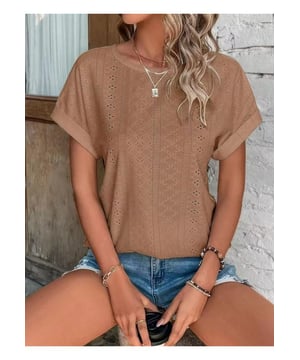 Eyelet Round Neck Short Sleeve Top
  Slightly stretchy fabric
  Material composition: 65% rayon 30% polyester 5% spandex
  Care instructions: Machine wash cold tumble dry low
  Imported
  Available sizes: S (US 4) M (US 6/8) L (US 10/12) XL (US 14/16) 2XL (US 18)
  Top Length: S (26 inches) M (26.4 inches) L (26.8 inches) XL (27.2 inches) 2XL (27.6 inches)
  Bust: S (37 inches) M (39 inches) L (40.9 inches) XL (44.1 inches) 2XL (47.2 inches)
  Sleeve Length: S (8.3 inches) M (8.7 inches) L (9.1 inches) XL (9.8 inches) 2XL (10.6 inches)