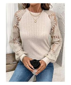 Rundhals-Spitzen-Patchwork Langarmtop  
  Basisstil  
  Halbtransparent  
  Leicht dehnbar  
  Materialzusammensetzung: 95% Polyester, 5% Elasthan  
  Pflegehinweise: Maschinenwäsche kalt, im Trockner bei niedriger Hitze trocknen  
  Importiert  