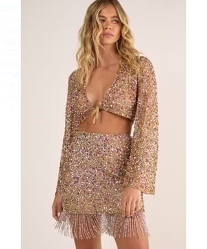 (AZ) Metallic Net Sequin Pearl Tie Front Fluted Sleeve Top