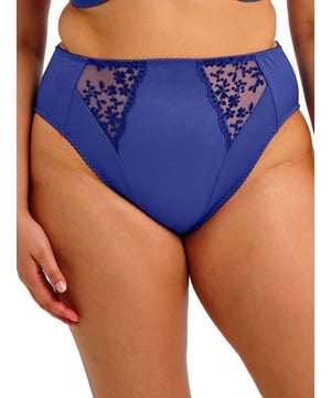 Elomi Zarla High Leg Brief. High waisted brief with a high leg cut, embroidery panels and double layer stretch mesh for modesty. Product is recommended as gentle wash only.