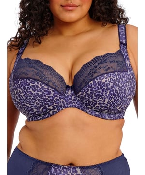 Elomi Lucie Bra. Three section printed cup with side support panel for forward shape and a stretch lace and low centre gore creating a plunge shape. Product is hand wash only.