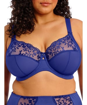Elomi Zarla Full Cup Bra. Underwired full coverage bra with a three section cup with non-stretch embroidered top cups, front keyhole detail, a smoothing tall chimney back and sheer tulle cups. Fit based on the beloved Elomi Morgan Full Cup Bra EL4110. Product is recommended as hand wash only.