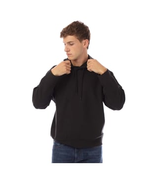 Mens Emporio Armani Allover Lettering Hoodie in black.- Drawstring hood.- Jacquard.- All-over flock print.- Regular fit.- 46% Cotton  46% Lyocell  8% Elastane.- Ref: EM001007AUC001