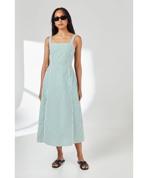 Elegant square neckline with supportive shoulder straps for a flattering silhouette
        Striking vertical stripe pattern throughout for a lengthening effect
        Practical side pockets discreetly integrated into the design
        Midaxi length offering versatile coverage for various occasions
        Smocked back detail adding both visual interest and comfortable fit
    
    This charming striped cami dress from Principles combines timeless style with everyday comfort. The square neckline frames the dcolletage beautifully, while the midaxi length creates an effortlessly elegant profile suitable for numerous daytime occasions. Style with flat sandals as shown for casual weekend brunches or family gatherings in the garden. The cotton fabric ensures breathability during warmer months, making it ideal for holiday packing. For cooler days, layer with a lightweight cardigan and trainers for shopping trips or casual meet-ups with friends. The practical side pockets add functionality without compromising on style, whilst the smocked back detail ensures a comfortable, flattering fit throughout the day. This versatile piece transitions seamlessly from relaxed daytime events to casual evening meals with minimal accessorising required.