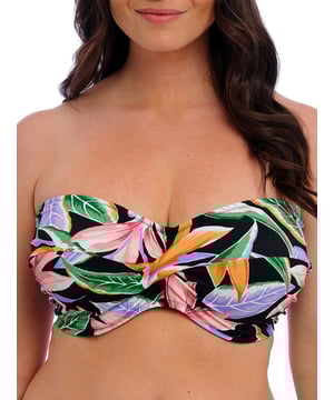 Fantasie Mykonos Cove Bandeau Bikini Top. Underwired swimwear top with lightly padded foam cups, a flattering twist front detail, a sweetheart neckline, powernet lined wings for support and anchorage and detachable scarf tie straps. Product is hand wash only.