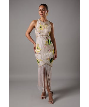 Exquisite hand-stitched floral embellishments with delicate glass and plastic beads
        Striking tassel fringe detail creating dramatic movement at the hemline
        Sophisticated round neckline complementing the sleeveless silhouette
        Elegant midi length with a contemporary asymmetric overlay design
        Fully lined for comfort and a flawless drape against the body
    
    This show-stopping Coast dress manifests true occasion-wear artistry through its meticulous hand-stitched embellishments and statement fringe detail. The structured bodice creates a flattering silhouette while the asymmetric overlay adds architectural interest to your ensemble. Style with minimal metallic accessories as seen on our model - delicate drop earrings and strappy heeled sandals provide the perfect accompaniment without overshadowing the dress's intricate detailing. Ideal for summer weddings, race day events or formal garden parties where sophistication is paramount. The sleeveless design offers comfort during warmer celebrations, whilst the midi length maintains an appropriate elegance. For cooler evenings, pair with a tailored cropped jacket or an ethereal wrap to maintain the dress's visual impact whilst adding practicality.