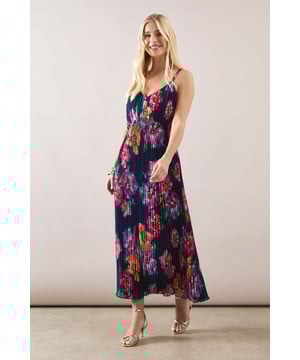 Petite Floral Pleated V Neck Midi Dress