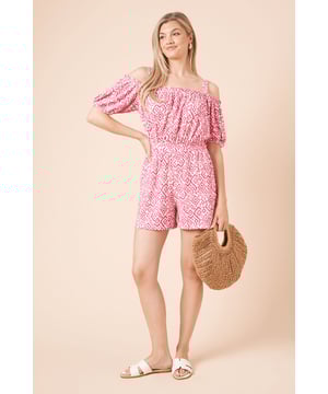 Striking bardot neckline with adjustable shoulder straps for versatile styling options
        Feminine puff sleeves add a touch of romantic flair to this jersey playsuit
        Elasticated waistband creates a flattering silhouette while ensuring all-day comfort
        Relaxed fit shorts provide ease of movement for casual summer days
        Geometric print pattern adds visual interest to this effortlessly chic one-piece
    
    This charming bardot playsuit from Dorothy Perkins combines comfort with casual elegance. The off-shoulder design with puff sleeves creates a feminine silhouette, while the elasticated waist defines your shape beautifully. Perfect for summer brunches with friends or family gatherings, this playsuit requires minimal styling effort for maximum impact. Pair with white flat sandals and a woven handbag as shown for a relaxed daytime look, or dress up with espadrille wedges for garden parties. The jersey fabric ensures this piece remains comfortable throughout the day, making it ideal for those occasions when you want to look put-together without sacrificing comfort. Add simple stud earrings to complete this effortlessly stylish ensemble that transitions seamlessly from casual coffee dates to afternoon baby showers.