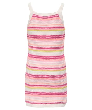 Dieses ärmellose Sommerkleid mit zarten Spaghettiträgern begleitet dich stilvoll durch warme Tage. Das mehrfarbige Design wird durch kontrastfarbene Säume modern in Szene gesetzt. Mit seiner oberschenkellangen Länge sorgt es für eine luftige Silhouette. Das feine Strickmuster verleiht dem Kleid eine besondere Struktur und modische Tiefe. Dank blickdichtem Material fühlst du dich rundum wohl. Der lockere Schnitt bietet dir optimalen Tragekomfort – perfekt für entspannte Sommertage. Ob am Strand, in der Stadt oder auf dem Festival: Dieses Kleid ist ein echter Hingucker. Ein kleiner Label-Aufnäher setzt ein dezentes Markenstatement. Kombiniere es mit Sandalen oder Sneakern für deinen individuellen Look. Dein neues Lieblingskleid für die sonnige Saison.