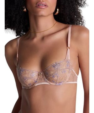 Aubade Sound of Heart Half Cup Bra. Underwired demi bra with a cleavage enhancing neckline, double strap detail, shimmering multi-tone embroidery and lurex thread running through. Matching briefs available. This item is recommended for hand wash only.