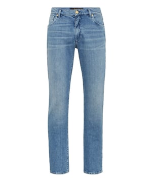 Pantalón de 5 bolsillos en denim elástico con efecto de desgaste con remaches metálicos con la insignia de la marca. La misma insignia aparece en el botón único y está bordada en el bolsillo trasero derecho. Corte: Súper Recto. Fondo: 18 cm.