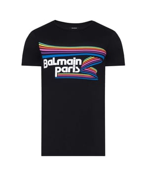 Elevate your wardrobe with the Balmain Paris Rainbow Multi Logo Black T-Shirt, a striking blend of luxury and casual style. Crafted from 100% premium cotton in Portugal, this black tee offers exceptional comfort and durability. The vibrant rainbow multi-logo design adds a bold, contemporary edge, making it perfect for those who want to stand out effortlessly. Whether paired with jeans or layered under a jacket, this Balmain T-shirt brings a touch of Parisian sophistication to your everyday look. Experience the perfect fusion of quality and fashion with this must-have piece