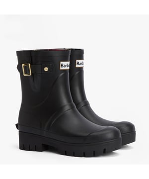 Estas botas de agua de media caña cuentan con una parte superior de goma, suela de goma, forro de poliéster y un tacón cuadrado, perfectas para un uso casual y fácil de poner.