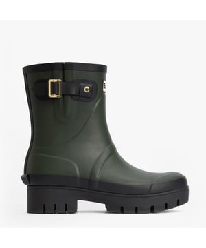 Estas botas de agua de media caña cuentan con una parte superior de goma, forro de poliéster y un tacón bajo, ofreciendo comodidad y durabilidad para un uso casual en condiciones húmedas.
