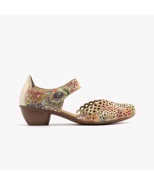 These Mary Jane shoes feature coated leather, synthetic lining, and a RIRICON sole with a low block heel. Designed for comfort and breathability, ideal for casual wear