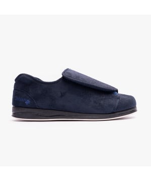 These men's full slippers feature a textile upper and lining with a rubber sole, a round toe, and a super wide fit. Designed for comfort and easy wear with touch fasten closure