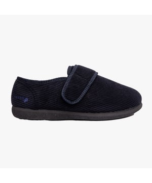 These men's full slippers feature a textile upper with memory foam for comfort, an extra-wide fit, and a lightweight rubber sole, ideal for relaxed wear around the house