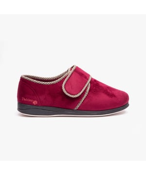 These men's full slippers feature a textile upper and lining with a rubber/fabric sole, a round toe, wide fit, and touch fasten closure, offering comfortable loungewear