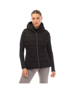 100% Polyester. Vulling: Gerecycleerd. Stof: Glans, Keper. Ontwerp: Badge, gewatteerd. Stoftechnologie: Hoge warmte, isolerend, douchebestendig, waterafstotend. Kinbeschermer, Versierde ritstrekker, Binnenritsbeschermer, Laag Bulkvulling. Halslijn: Kap, staande kraag. Mouwtype: Mouwloos. Eigenschappen van de kap: Gegroeid op de kap. Zakken: 2 Zijzakken, Rits. Sluiting: Ritssluiting vooraan. 10 VK: 34 in.