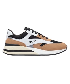 Marke: Boss. Obermaterial: Leder, Netzmaterial. Mittelsohle: EVA (Ethyl-Vinylacetat). Laufsohle: Gummi. Gewebetechnik: Leicht. Verstärkte Ferse. Absatz: Flach. niedrig geschnitten. Design: Kontrast Detail, Logo, Reflektierend. Zum Schnüren.