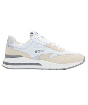 Marke: Boss. Obermaterial: Leder, Netzmaterial. Mittelsohle: EVA (Ethyl-Vinylacetat). Laufsohle: Gummi. Gewebetechnik: Leicht. Verstärkte Ferse. Absatz: Flach. niedrig geschnitten. Design: Kontrast Detail, Logo, Reflektierend. Zum Schnüren.