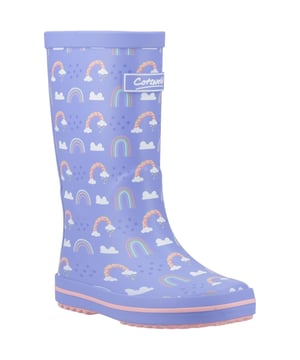 Prachtige knielange regenlaars voor kinderen die op zoek zijn naar een vleugje kleur in hun garderobe! Een prachtige mauve achtergrond versierd met vrolijke regenbogen om de somberste dagen op te fleuren.