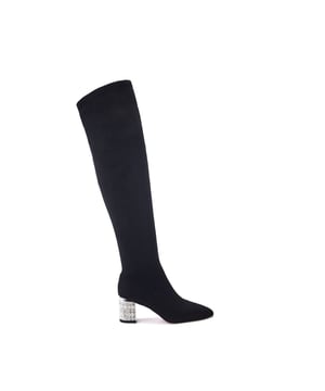 Add a touch of glam to your look with Quanna, the over-the-knee boot heeled boot. The low-block heel is fully encrusted with stones for an easy-to-wear statement sparkle. Featuring a quarter inside zip for ease of foot entry whilst maintaining a close-leg fit, this style is perfect to pair with jeans or midi skirts.