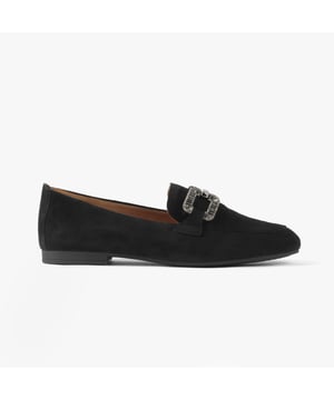 These slip-on loafers feature a suede upper with a chisel almond toe, lightweight rubber sole, and textile lining, offering casual comfort for everyday wear