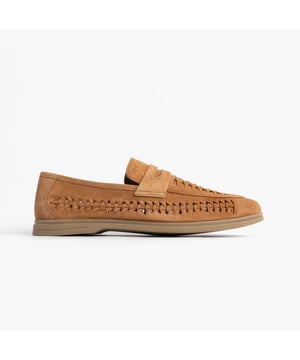 These men's loafers feature a suede upper, textile lining, and rubber sole with a slip-on design and almond-shaped toe, offering comfortable casual wear