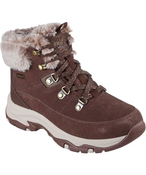 Follow those paths in comfort and style wearing Skechers: Trego Snow Worries. This waterproof cool weather trail boot features a suede upper with sparkly laces, faux-fur collar and lining, and a cushioned Skechers Air-Cooled Memory Foam insole.