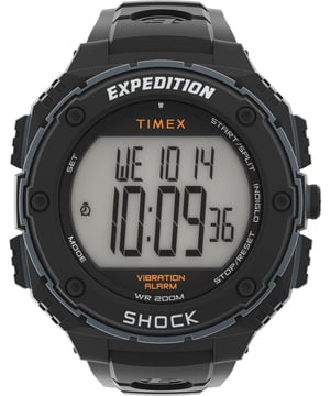 Diese Timex Expedition Shock Xl Digital Uhr für  Herren ist das perfekte Accessoire zum tragen oder verschenken. Ihr Schwarz 50 mm Rund Gehäuse kombiniert mit dem bequemen Schwarz Armband aus  Kunststoff garantiert, dass Sie diese atemberaubende Uhr kompromisslos genießen werden. Angetrieben von einem hochwertigen Quarz Uhrwerk und wasserdicht bis 20 bars, läuft Ihre Uhr stets weiter. Die charakteristische Robustheit unserer abenteuerbereiten Expedition-Kollektion wird mit der Expedition Shock XL noch verstärkt. Diese Digitaluhr verfügt über eine Kalenderfunktion: Tag-Datum und ist ausgestattet mit Stoppuhr, Countdown, Alarm und Indiglo-Beleuchtung. Hochwertiges Schwarz-Kunststoffarmband, 21 cm lang und 24 mm breit, mit ein Dornschließe. Gehäusedurchmesser: 50 mm,Gehäuse Höhe: 17 mm, Gehäusefarbe: Schwarz, Zifferblattfarbe: LCD