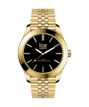 Diese Ice Watch Ice Steel - Gold Black Analog Uhr für  Damen ist das perfekte Accessoire zum tragen oder verschenken. Ihr Gold 34 mm Rund Gehäuse kombiniert mit dem bequemen Gold Armband aus  Edelstahl garantiert, dass Sie diese atemberaubende Uhr kompromisslos genießen werden. Angetrieben von einem hochwertigen Quarz Uhrwerk und wasserdicht bis 10 bars, läuft Ihre Uhr stets weiter. Elegant – sportliches und modernes Design, perfekt für Damen. Diese analoge Uhr ist mit leuchtenden Zeigern ausgestattet. Hochwertiges Gold-Edelstahlarmband, 19 cm lang und 17 mm breit, mit Faltschließe mit Druckverschluss. Gehäusedurchmesser: 34 mm,Gehäuse Höhe: 10 mm, Gehäusefarbe: Gold, Zifferblattfarbe: Schwarz