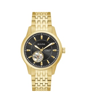 This Bulova Open Heart Analogue Watch for Men is the perfect timepiece to wear or to gift. It's Gold 40 mm Round case combined with the comfortable Gold Stainless steel watch band will ensure you enjoy this stunning timepiece without any compromise. Operated by a high quality Automatic movement and water resistant to 3 bars, your watch will keep ticking. This watch has an automatic watch movement ( recharged by any movement with your wrist; never needs a battery)  This Analogue watch is equipped with a Luminous Hands High quality Gold Stainless steel strap, measuring 21 cm in length and 19 mm in width, with a Fold over with push button clasp. Case diameter: 40 mm,case thickness: 11 mm, case colour: Gold and dial colour: Black