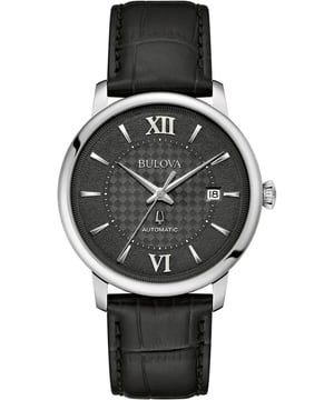 This Bulova Hudson Analogue Watch for Men is the perfect timepiece to wear or to gift. It's Silver 39 mm Round case combined with the comfortable Black Leather watch band will ensure you enjoy this stunning timepiece without any compromise. Operated by a high quality Automatic movement and water resistant to 3 bars, your watch will keep ticking. The new Bulova Hudson is set to be your favorite dress watch. Featuring a fresh case design and detailed dial, it redefines elegance with a refined presence. This Analogue watch features a calendar function: Date and is equipped with High quality Black Leather strap, measuring 21 cm in length and 19 mm in width, with a Buckle. Case diameter: 39 mm,case thickness: 12 mm, case colour: Silver and dial colour: Black