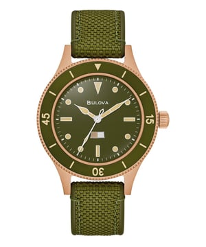 This Bulova Archive Series Mil Ships 150th Anniversary Edition Analogue Watch for Men is the perfect timepiece to wear or to gift. It's Bronze 41 mm Round case combined with the comfortable Green Silicone watch band will ensure you enjoy this stunning timepiece without any compromise. Operated by a high quality Quartz movement and water resistant to 20 bars, your watch will keep ticking. Honoring Bulova’s military legacy and a rare 1957 U.S. Navy prototype, the Special Edition MIL-SHIPS Bronze celebrates Bulova’s 150th Anniversary. This Analogue watch is equipped with a Luminous Hands and a Screw Down Crown High quality Green Silicone strap, measuring 21 cm in length and 18 mm in width, with a Buckle. Case diameter: 41 mm,case thickness: 14 mm, case colour: Bronze and dial colour: Green
