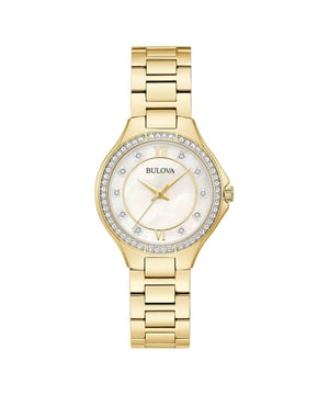 This Bulova  Analogue Watch for Women is the perfect timepiece to wear or to gift. It's Gold 30 mm Round case combined with the comfortable Gold Stainless steel watch band will ensure you enjoy this stunning timepiece without any compromise. Operated by a high quality Quartz movement and water resistant to 3 bars, your watch will keep ticking. This elegant, fashionable watch setted with 139 beautiful Swarovski©Crystals on the bracelet is a perfect gift for New Year, birthday,valentine's day and so on High quality Gold Stainless steel strap, measuring 19 cm in length and 14 mm in width, with a Fold over with push button clasp. Case diameter: 30 mm,case thickness: 9 mm, case colour: Gold and dial colour: Mother of pearl