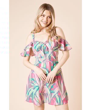 Palm Tie Front Cold Shoulder Mini Dress