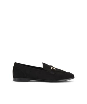 This Spello Loafer is crafted from a black microsuede. There is a gold tone strap across the vamp.