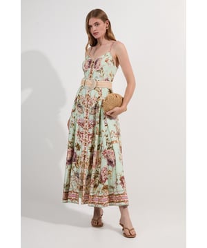 Mirrored Floral Viscose Linen Strappy Maxi Dress