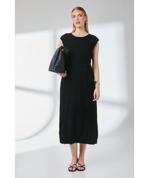 Crinkle Viscose Tie Waist Column Midi Dress