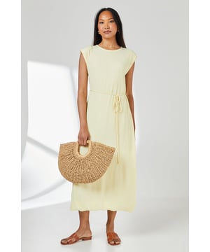 Crinkle Viscose Tie Waist Column Midi Dress