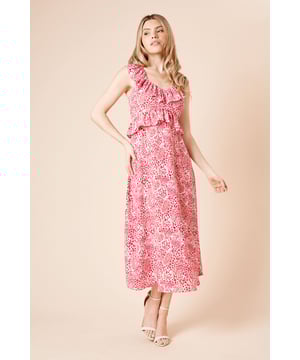 Animal Patchwork Frill Neckline Tie Back Midi Dress